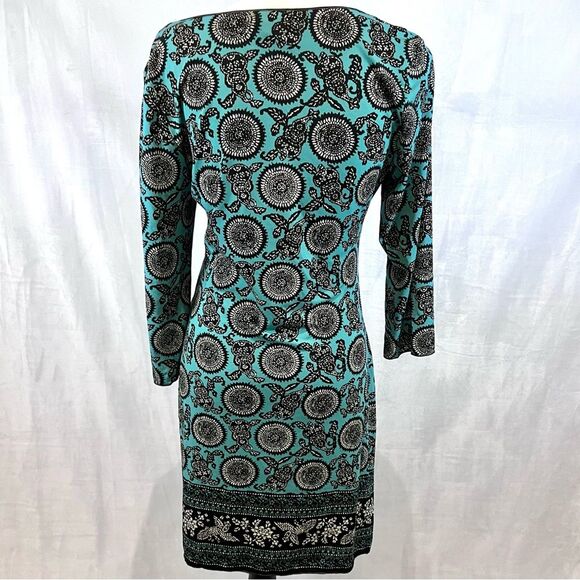Max Edition long sleeve aqua and black medallion print tie side dress size LP - Picture 2 of 4